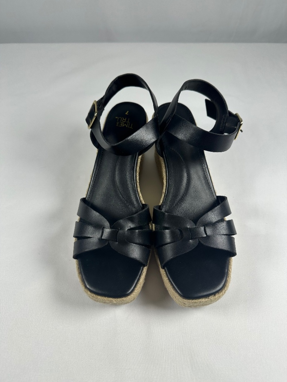 Time And Tru Women's Black Wedge Sandals Buckle Ankle Strap US 7